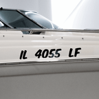 Custom Boat Registration Numbers (2 - Pack) - Rising Sun Decals - White boat with registration decal on a white background