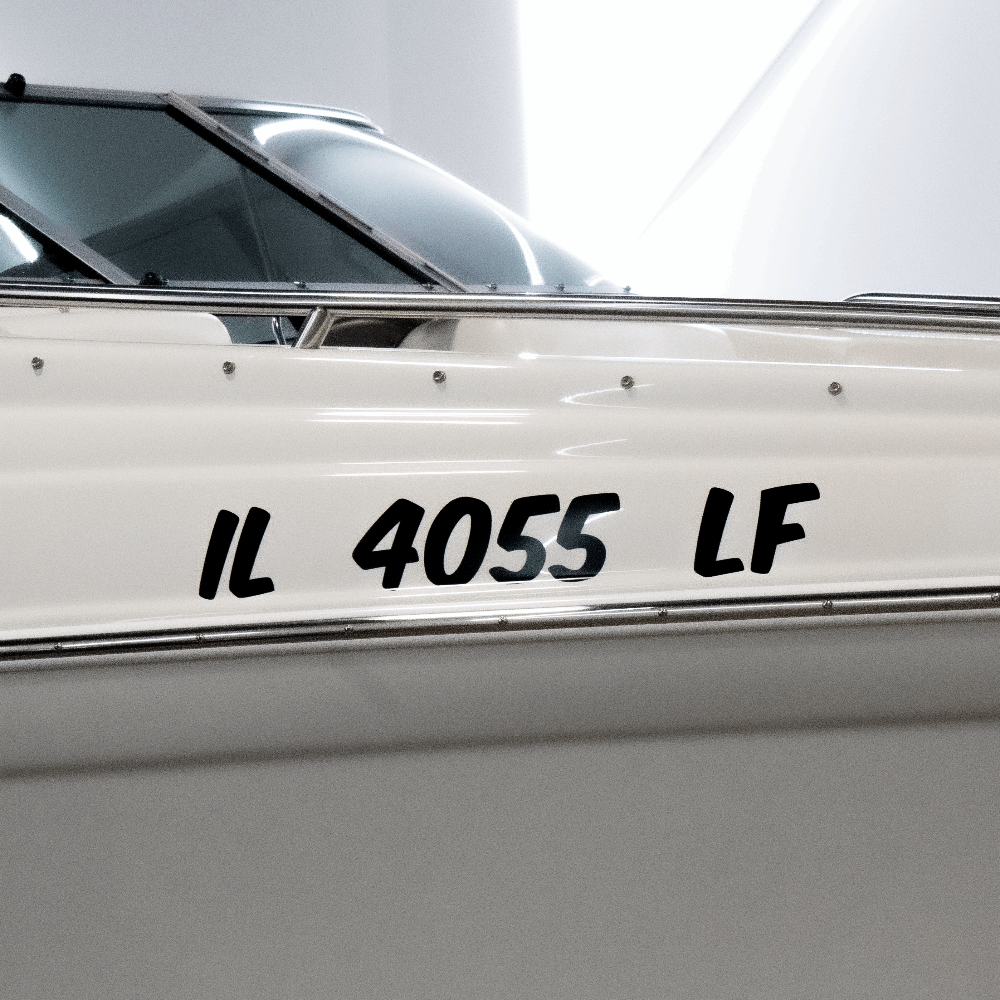 Custom Boat Registration Numbers (2 - Pack) - Rising Sun Decals - White boat with registration decal on a white background