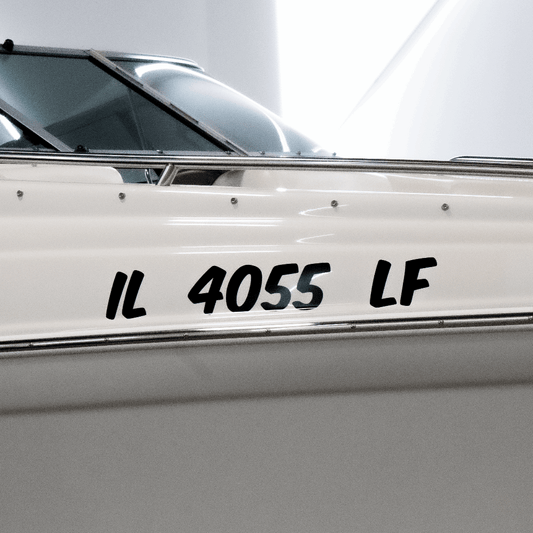 Custom Boat Registration Numbers (2 - Pack) - Rising Sun Decals - White boat with registration decal on a white background