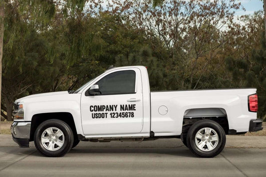 Custom Business DOT Vinyl Decal Large Format Sticker For Truck/Car/Van - Rising Sun Decals - Custom Business DOT Vinyl Decal Large Format Sticker For Truck/Car/Van - Rising Sun Decals - White pickup truck with company name and US DOT number on a road with trees in the background