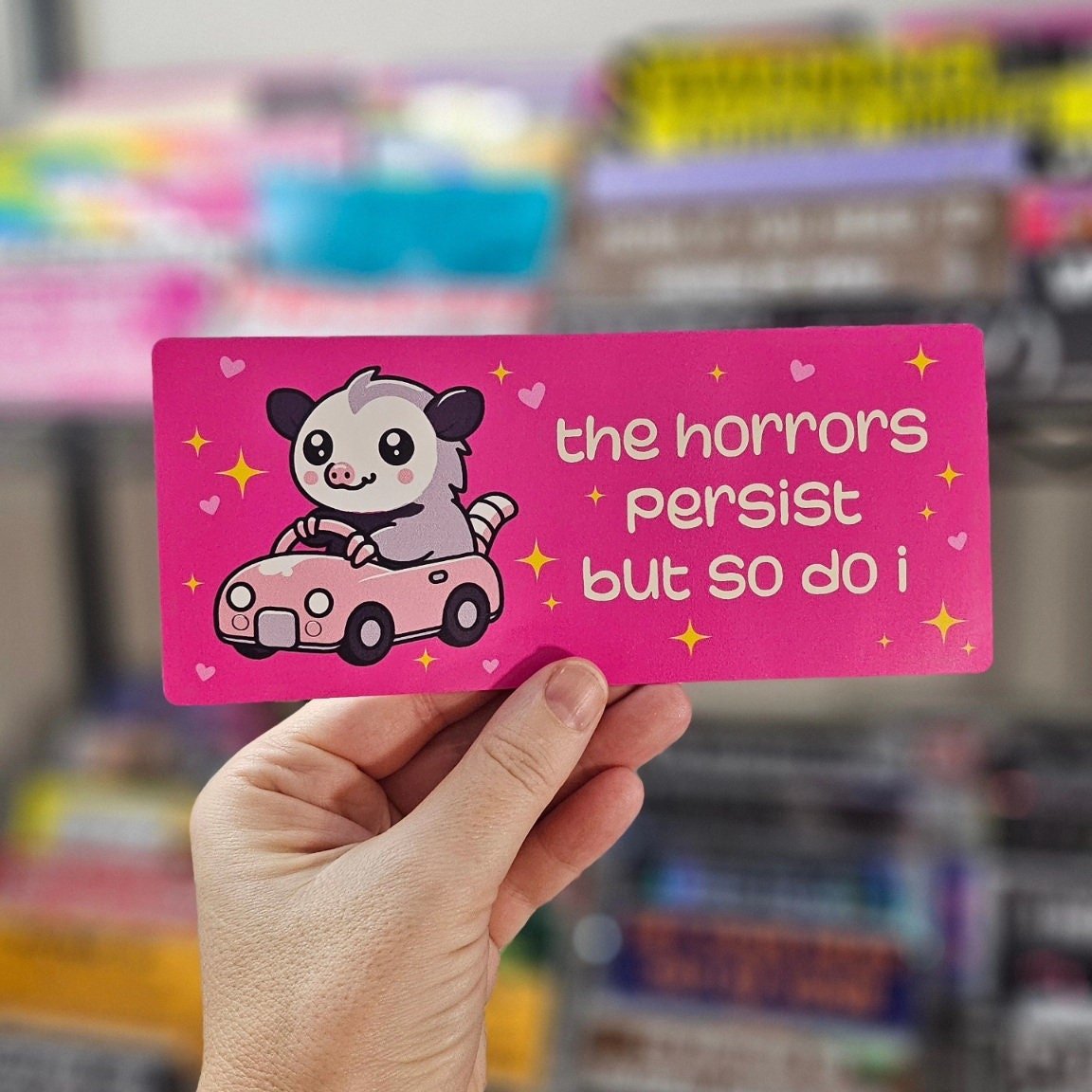 The Horrors Persist Opossum Funny 7" Bumper Sticker or Magnet - Rising Sun Decals - The Horrors Persist Opossum Funny 7" Bumper Sticker or Magnet