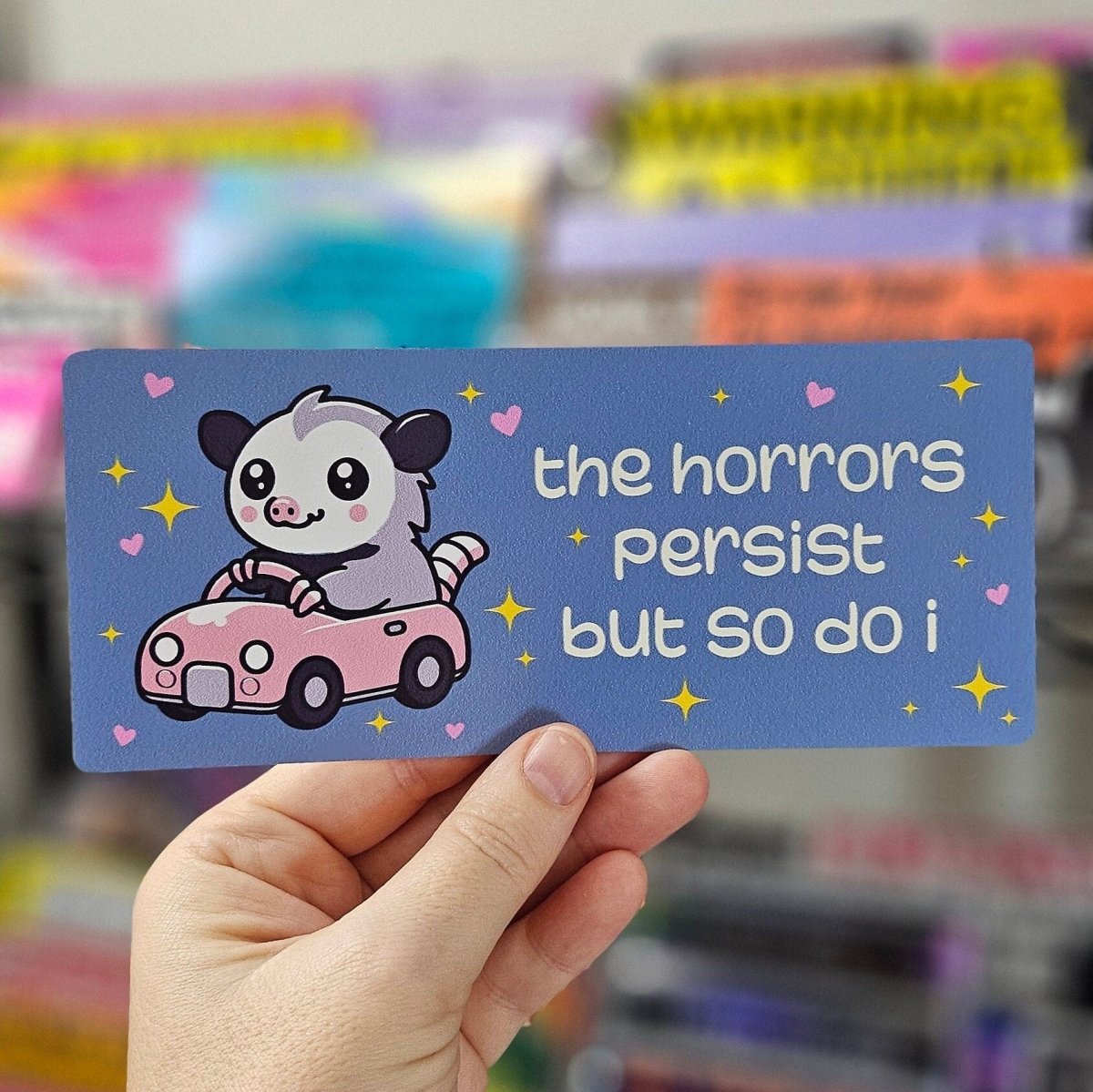 The Horrors Persist Opossum Funny 7" Bumper Sticker or Magnet - Rising Sun Decals - The Horrors Persist Opossum Funny 7" Bumper Sticker or Magnet